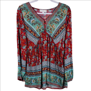 Suzanne Betro Weekend Red Blue Floral Button V-Neck Long Sleeve Bohemian Top